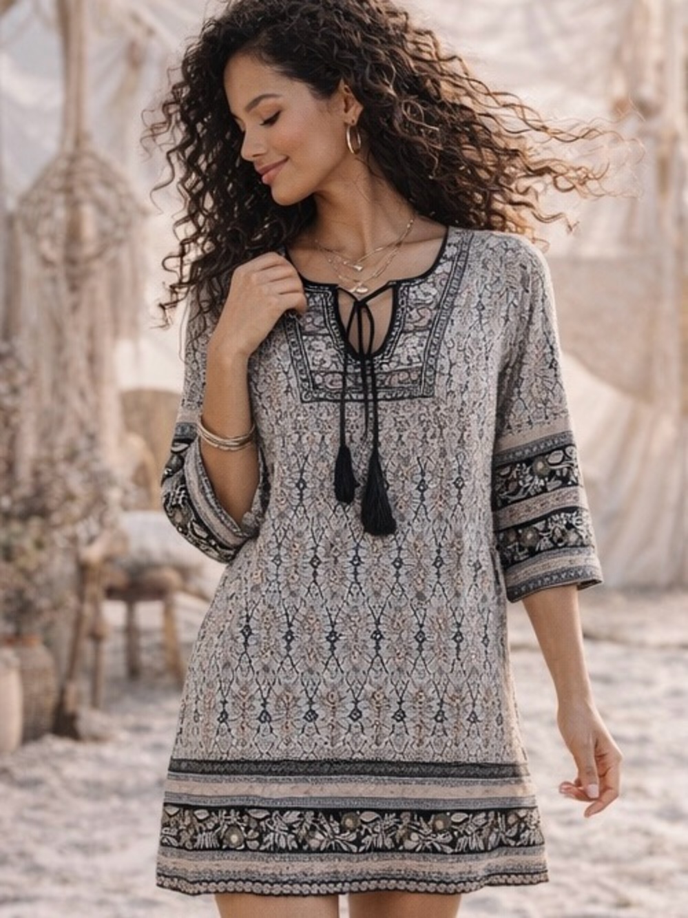 Tantrums Sage Green, Pink, White & Black Printed Boho Tie-Front Tunic/Mini Dress